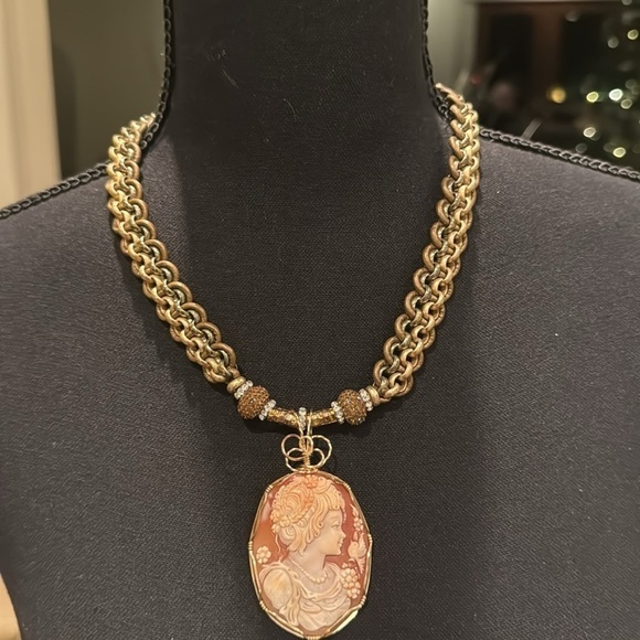 Cameo Statement Necklace pave bronze white rhinestone Beads 14k Handmade - Picture 5 of 11